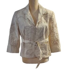Harve Benard Off White Tan Floral Embroidered Flowers Shacket Blazer Size Large